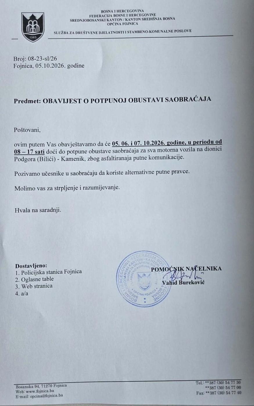 Obavijest o obustavi saobraćaja